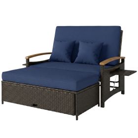 Rattan Outdoor Daybed w/4-Level Adjustable Backrest, Patio Sofa Bed w/Storage Ottoman, Acacia Wood Armrest, Navy Blue