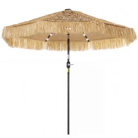 9 ft Hula Thatched Tiki Patio Umbrella with LED Solar Light, Outdoor Umbrella with Crank, Tilt, UPF30+, Khaki