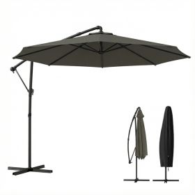 10 ft Offset Patio Umbrella with Cover, Hanging Cantilever Umbrella with 360° Rotation, Crank Handle, Tilt, Tan
